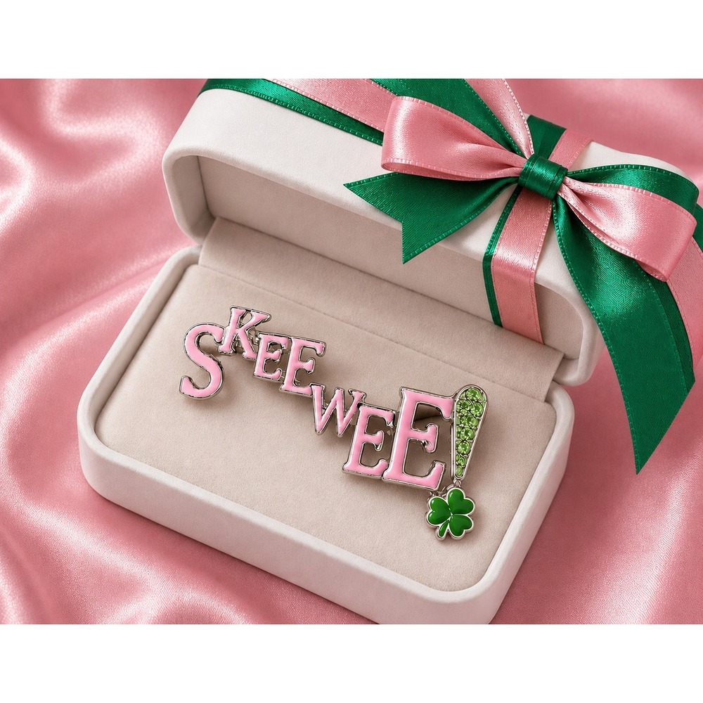 Alpha Kappa Alpha AKA Skee-Wee Enamel Brooch Pin Pink Green Sorority Gift Boxed